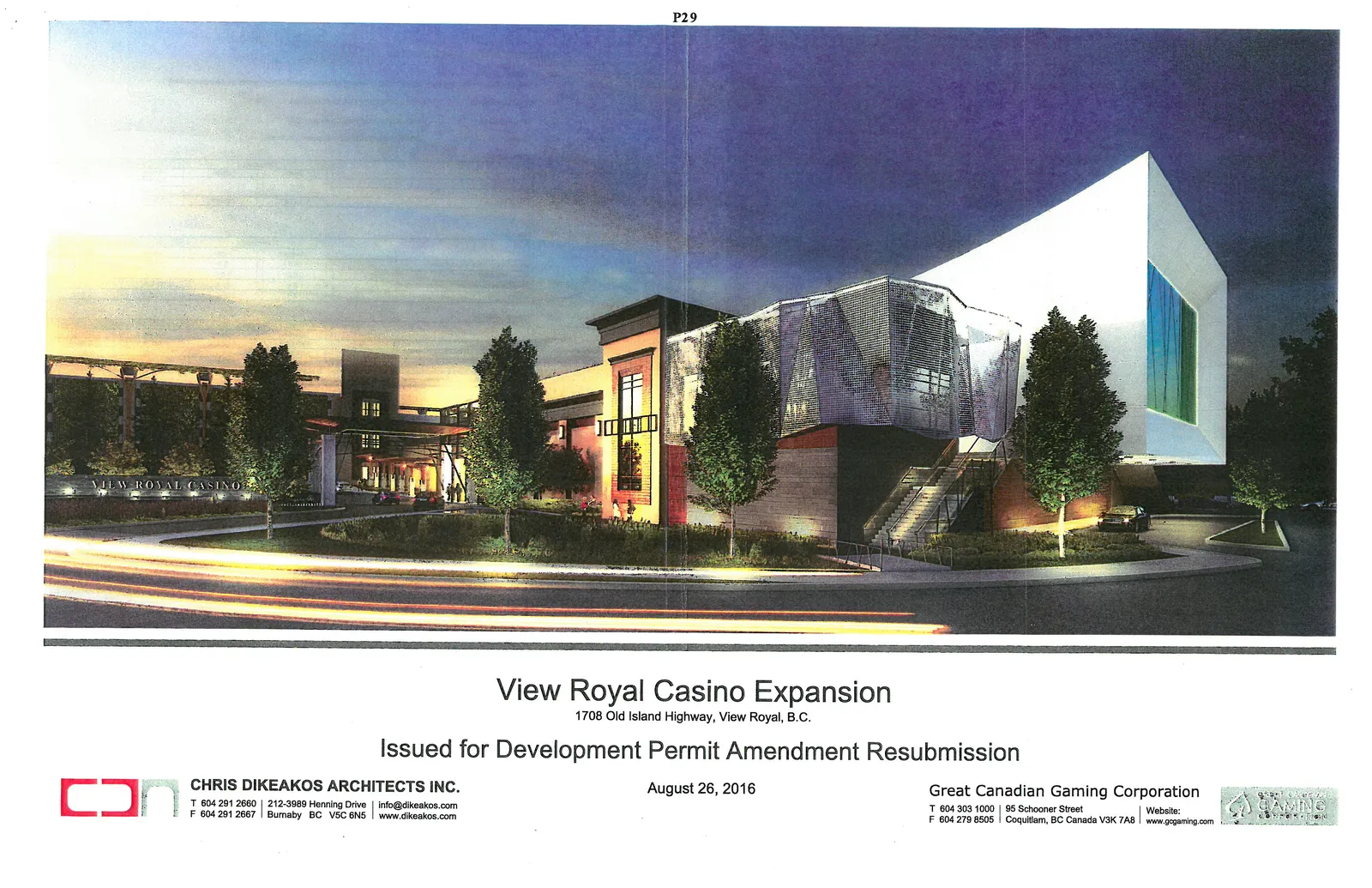 Perspective rendering of the casino expansion at twilight featuring a modern white architectural wing and light trails from traffic.