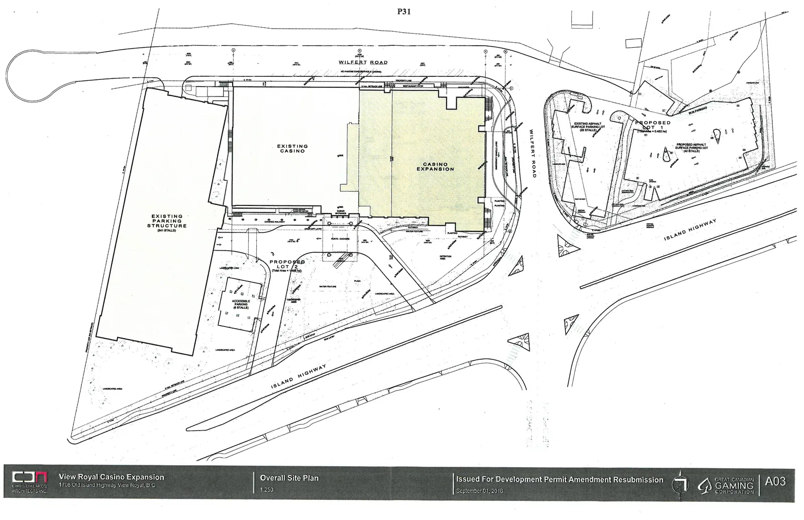 Overall site plan showing the layout of the existing casino, casino expansion area highlighted in yellow, parking structure, and proposed surface parking on Lot 1.