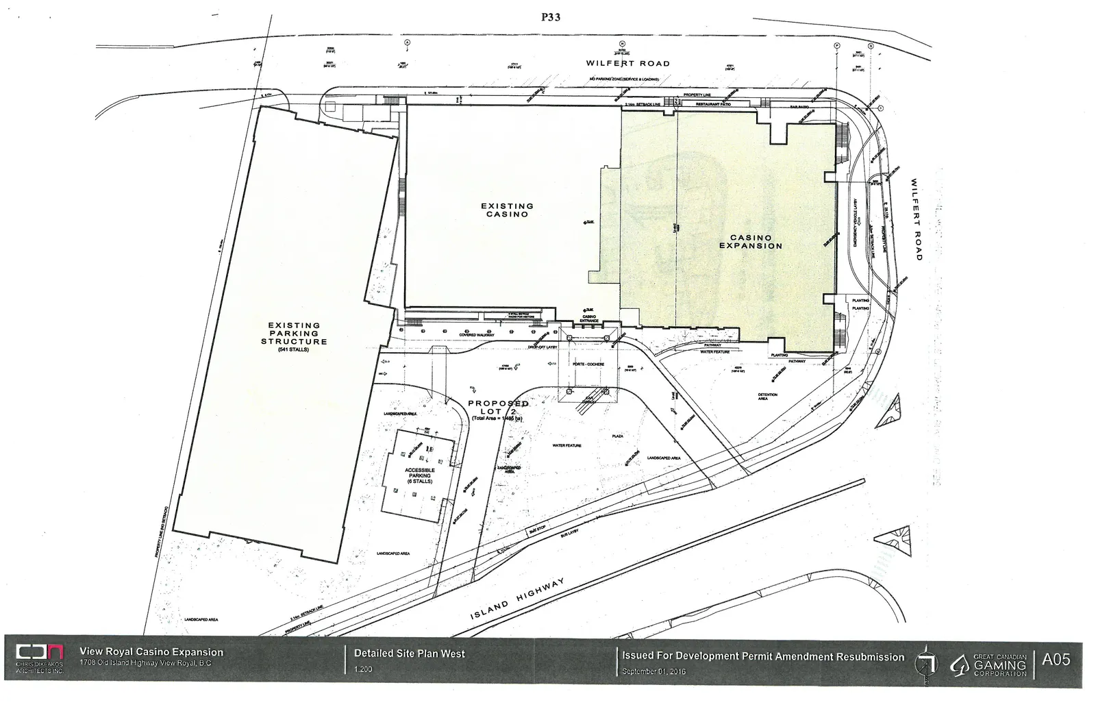 Detailed architectural site plan of the western portion of the lot, focusing on the existing casino and five-story parking structure.