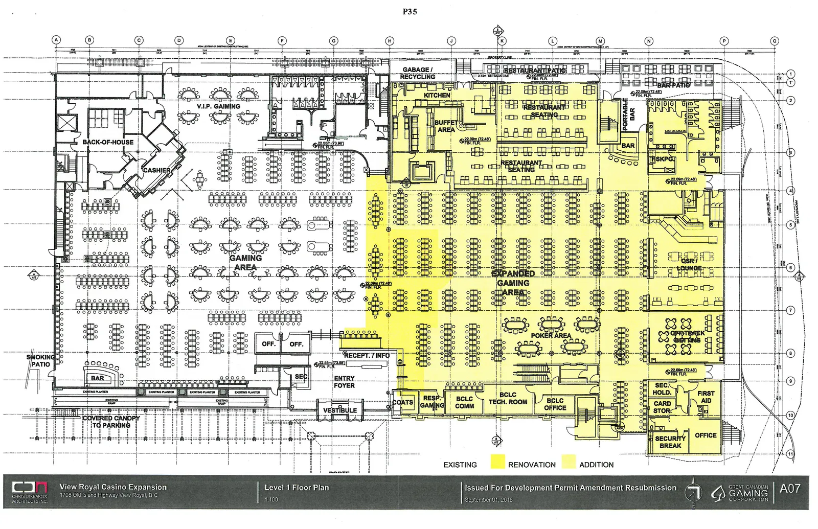 Floor plan for Level 1, detailing the back-of-house, V.I.P. gaming, expanded gaming area (highlighted in yellow), restaurant seating, buffet area, and poker area.