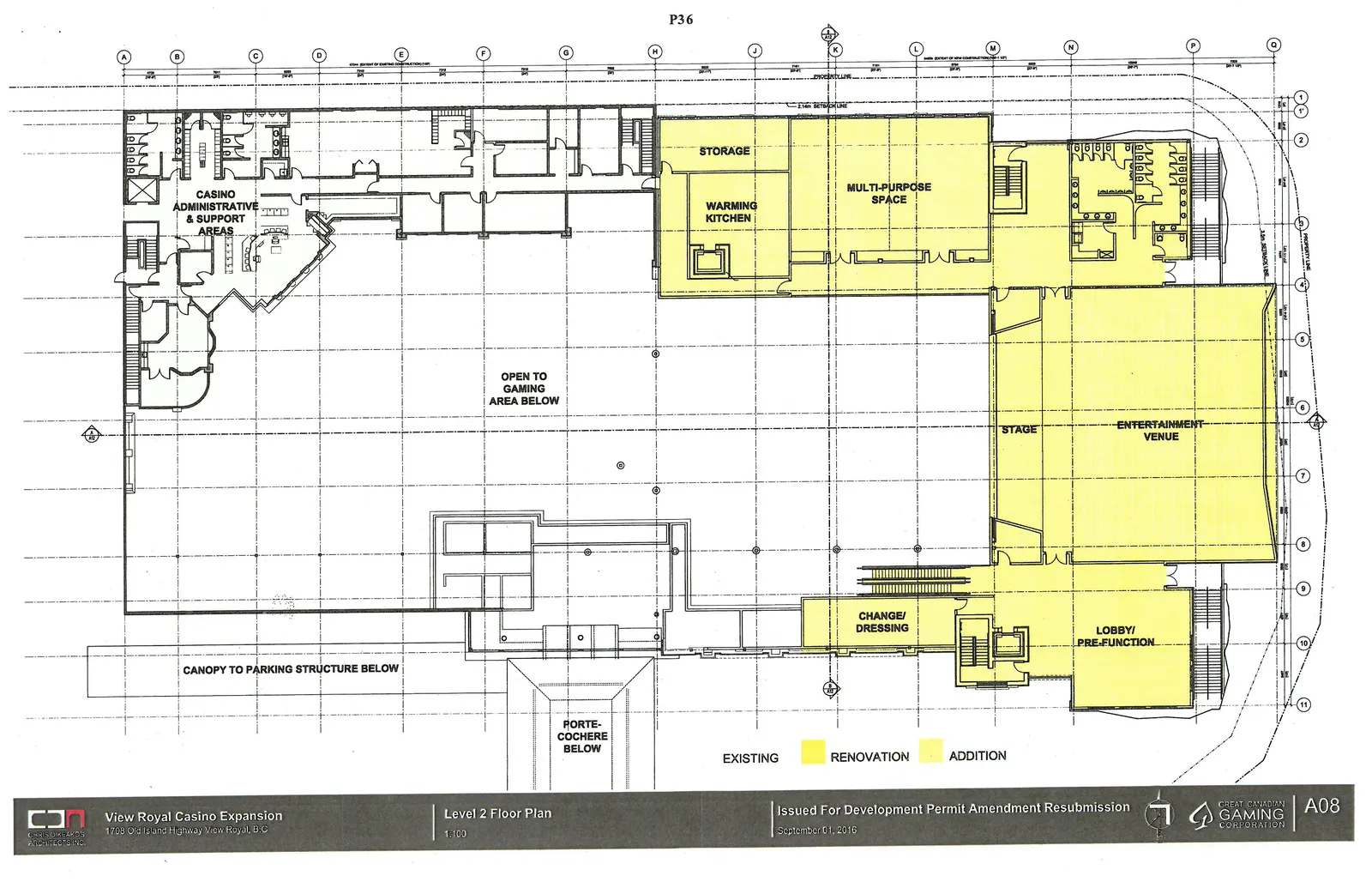 Floor plan for Level 2, showing administration offices, multi-purpose space, warming kitchen, and the large entertainment venue and stage (highlighted in yellow).