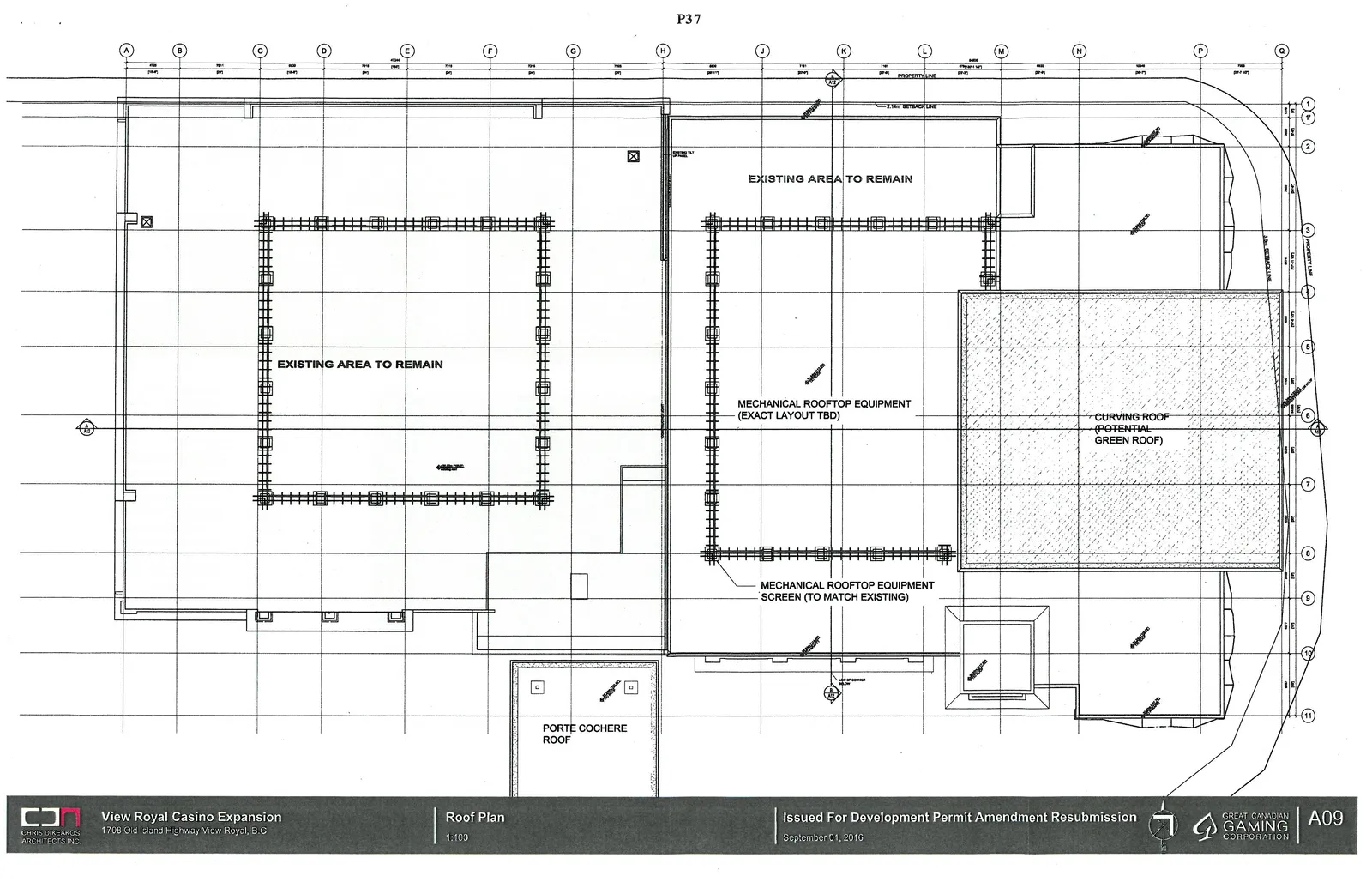 Roof plan specifying areas to remain, locations for mechanical rooftop equipment, and the proposed curving green roof section.