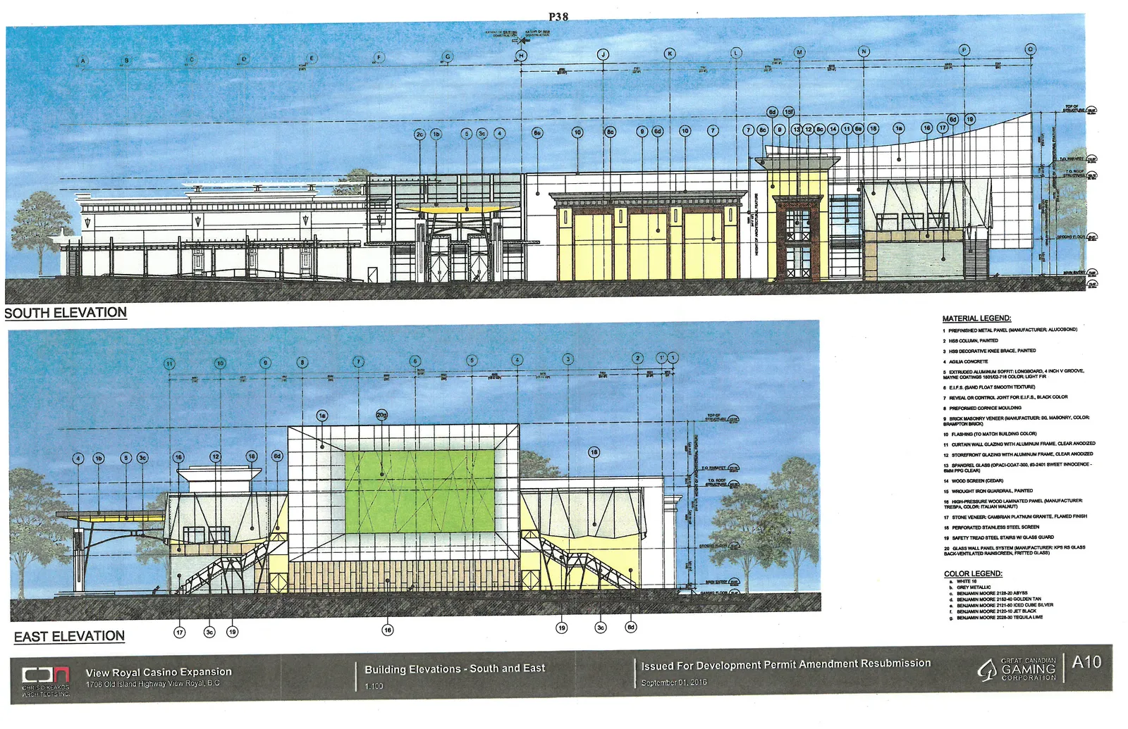 Architectural elevations for the South and East facades, including a comprehensive material legend.