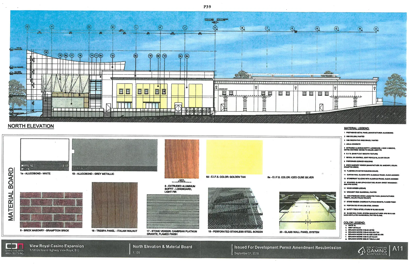 Architectural elevation for the North facade accompanied by a visual material board showing samples of metal panels, wood siding, brick masonry, and stone veneer.