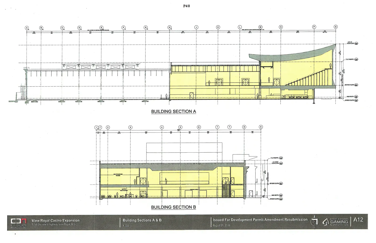 Longitudinal and transverse building sections showing floor-to-ceiling heights and interior volumes of the gaming and entertainment spaces.