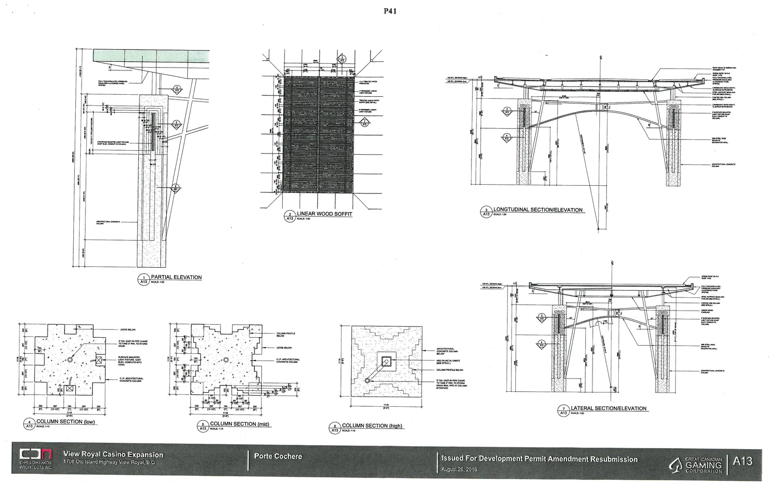 Technical detail drawings of the porte cochere entrance, including elevations, sections, and detailed column profiles.