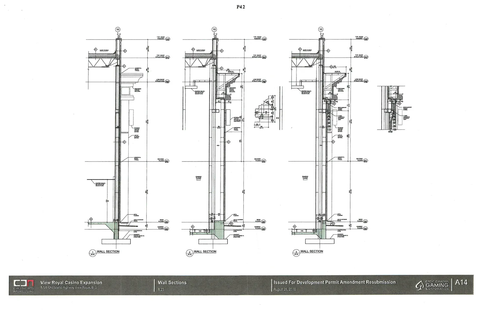 Three detailed architectural wall sections showing construction assemblies from foundation to roof parapet.