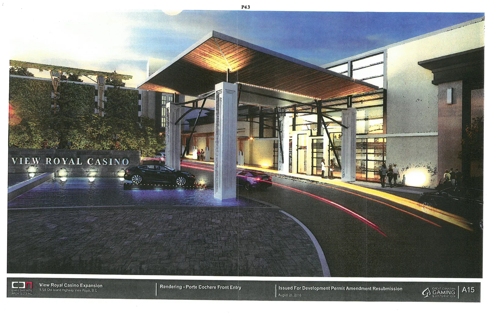 Photorealistic rendering of the main entrance and porte cochere featuring illuminated columns and a wood-slatted canopy.