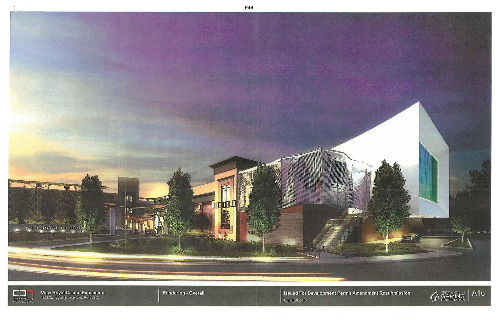 Perspective rendering of the complete building expansion showing the new architectural form and landscaping under evening lighting.