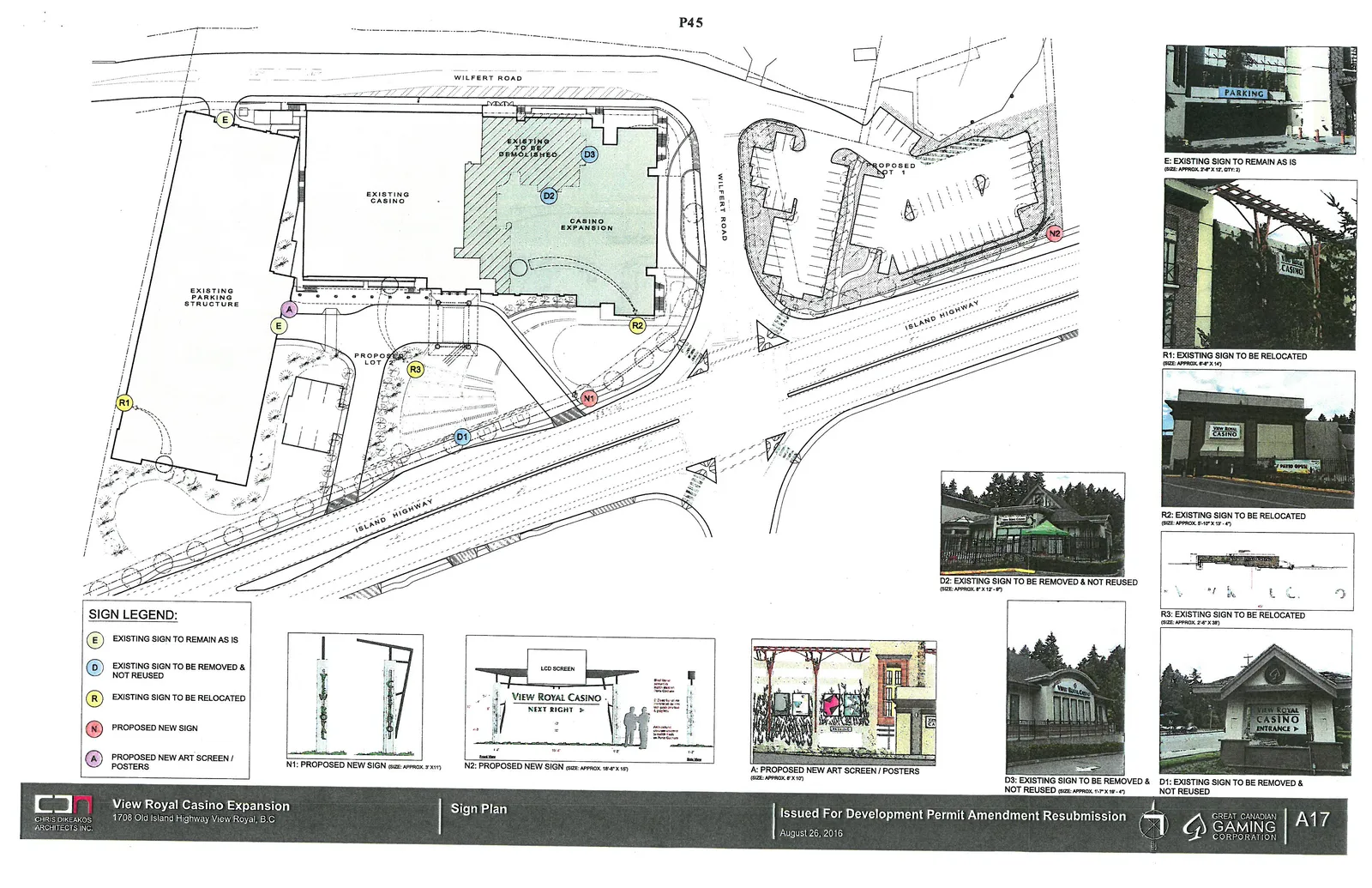 Comprehensive sign plan mapping the location of existing, relocated, and proposed signage, including photos of current signs and diagrams of new sign designs.