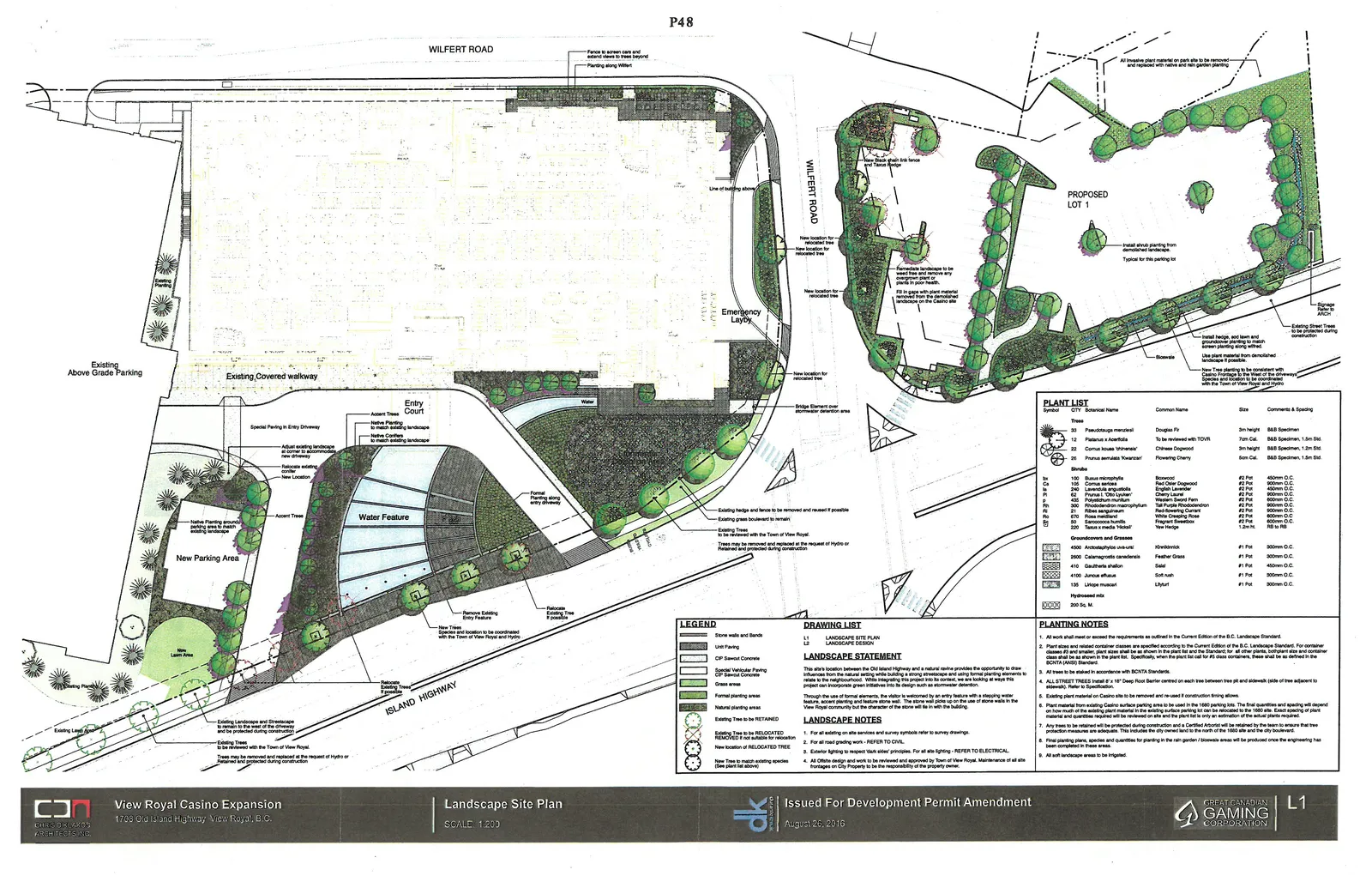 Landscape Site Plan showing the overall site layout including the existing casino, new parking area, entry court with water feature, Wilfert Road, and Island Highway.