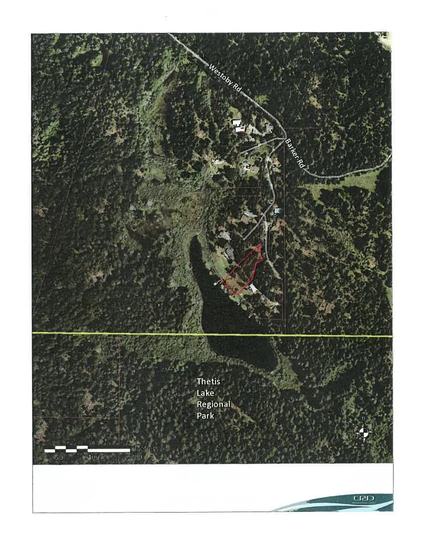 Aerial orthophoto of the subject property at 2670 Herbate Road, showing property boundaries and proximity to Westoby Road, Barker Road, and Thetis Lake Regional Park.