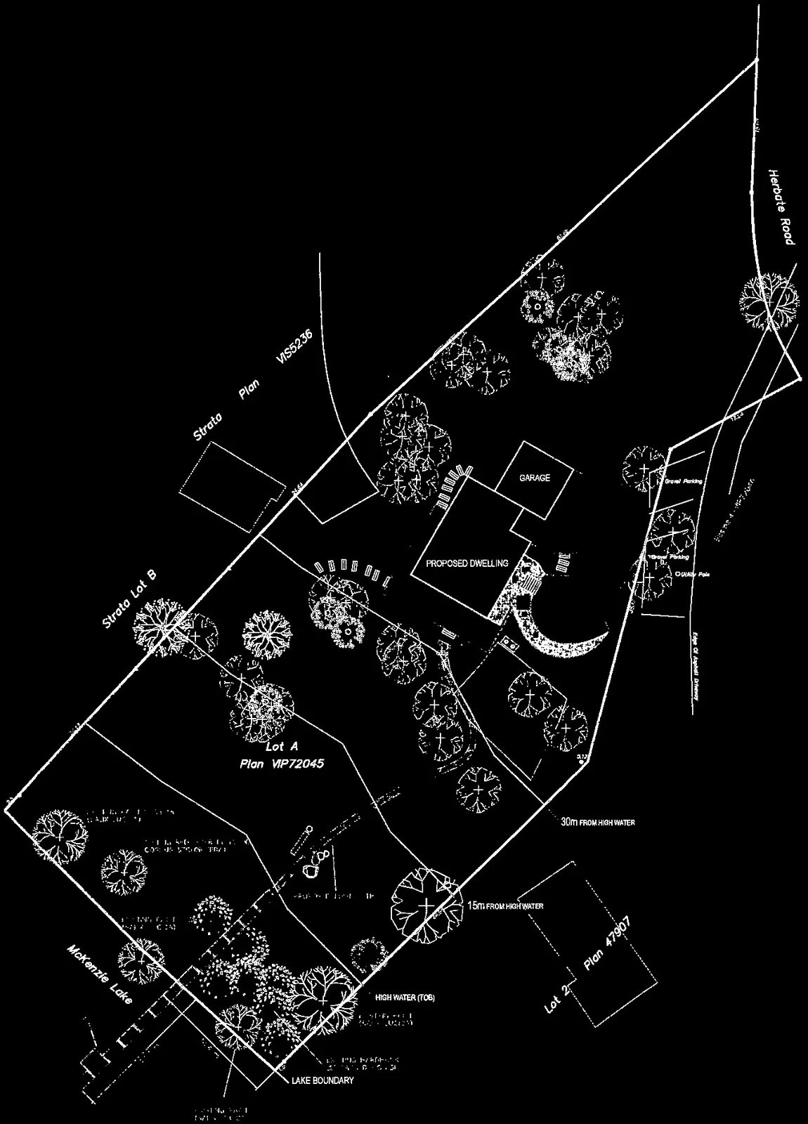 Site plan detailing the proposed dwelling, garage, and dock location on Lot A Plan VIP72045