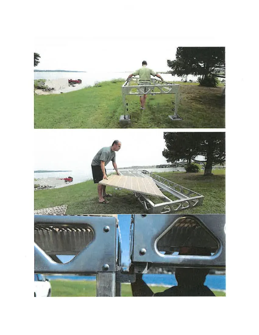 Photos showing assembly of frames, placement of decking panels, and close-up detail of the module joints