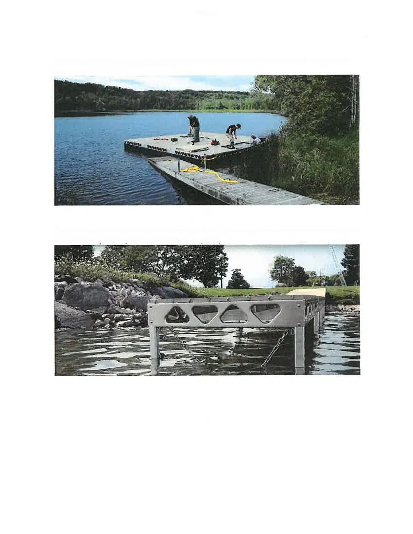 Photos showing workers finishing the decking on an 8x8 module in the lake and the final anchored dock structure