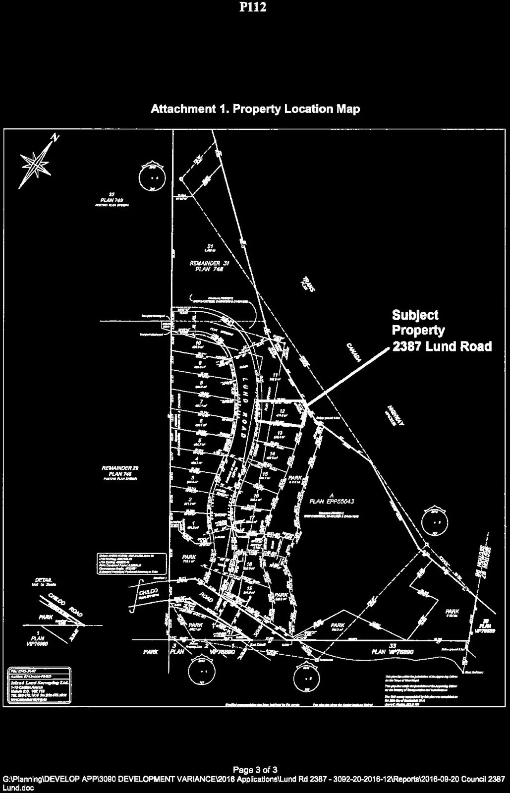 Property location map showing 'Subject Property 2387 Lund Road' situated along Lund Road, adjacent to the Trans Canada Highway and Park areas.