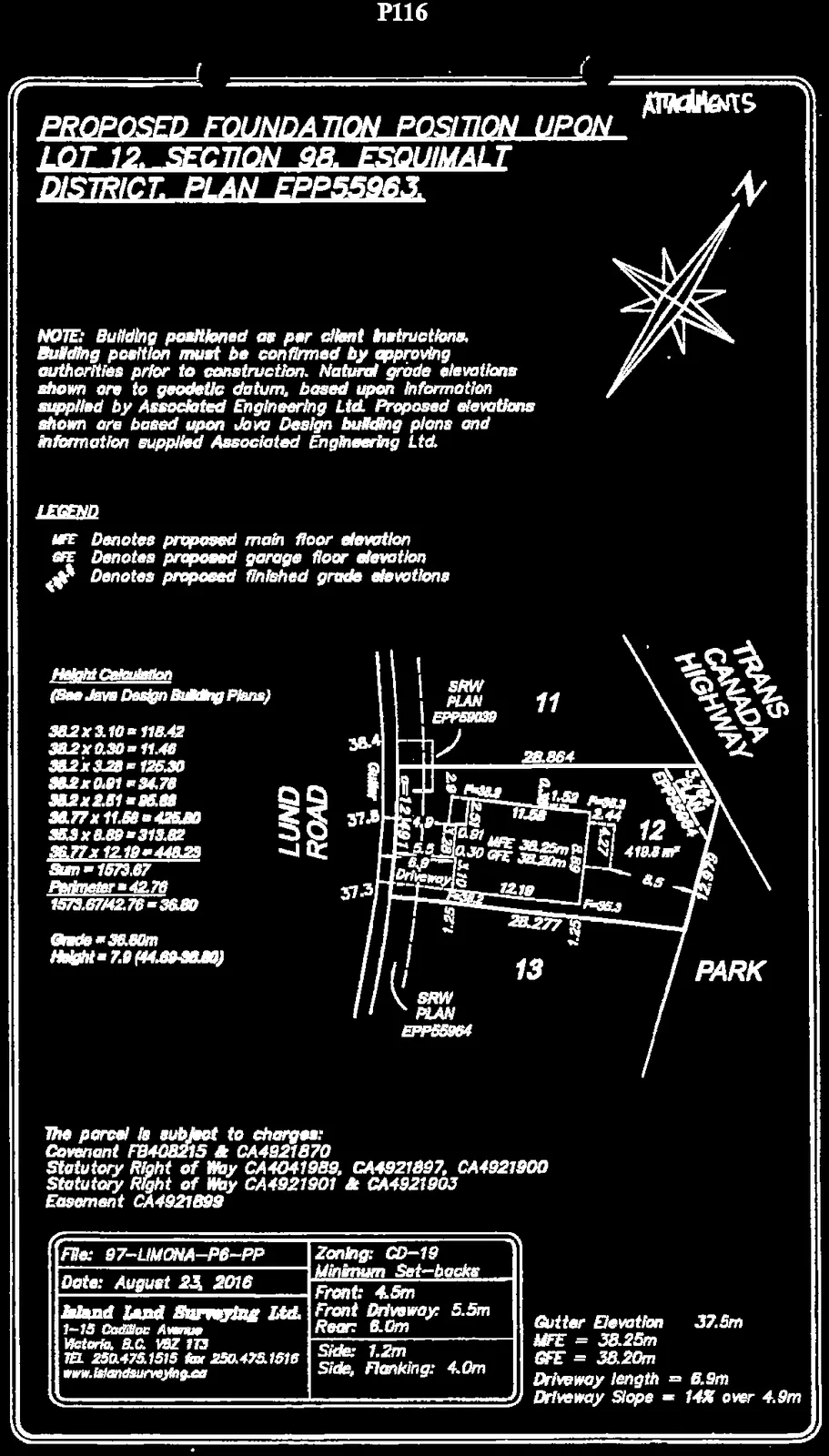 Survey plan from Island Land Surveying Ltd. for Lot 12, detailing the proposed foundation position, height calculations, and lot boundaries.