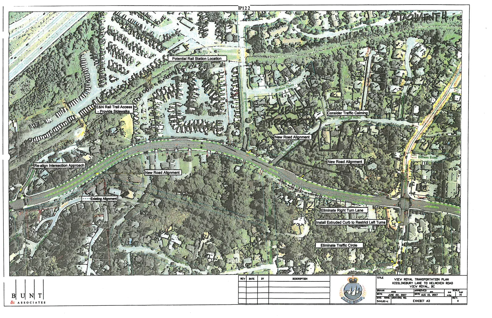 Aerial map of the View Royal Transportation Plan from Kisslingbury Lane to Helmcken Road. The map includes several planning annotations: "Potential Rail Station Location", "E&N Rail Trail Access - Provide Sidewalks", "Re-align Intersection Approach", "New Road Alignment", "Existing Alignment", "Consider Traffic Calming", "Eliminate Right Turn Lane", "Install Extruded Curb to Restrict Left Turns", and "Eliminate Traffic Circle".