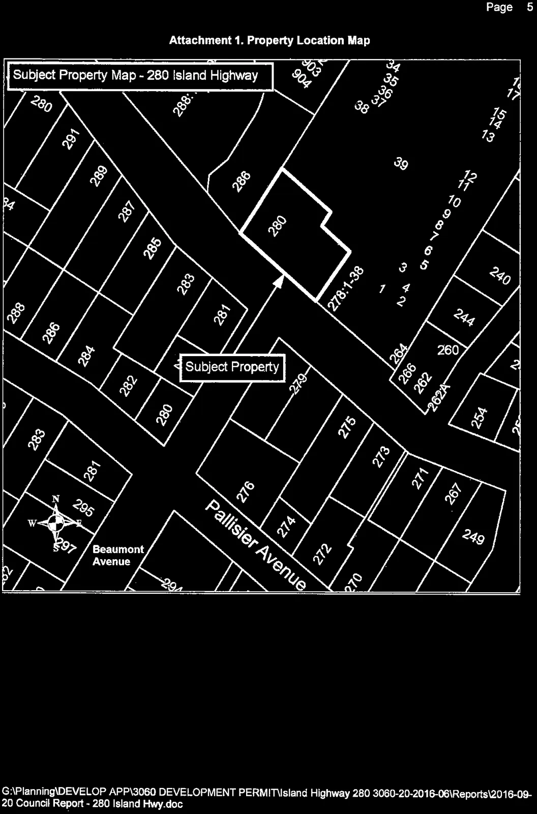 Subject property map for 280 Island Highway showing surrounding lot numbers and adjacent streets including Island Highway, Beaumont Avenue, and Pallisier Avenue.