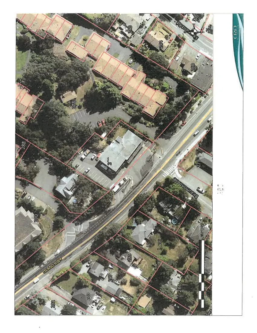 Aerial photograph showing 280 Island Highway and the surrounding neighbourhood with parcel boundaries and street labels.