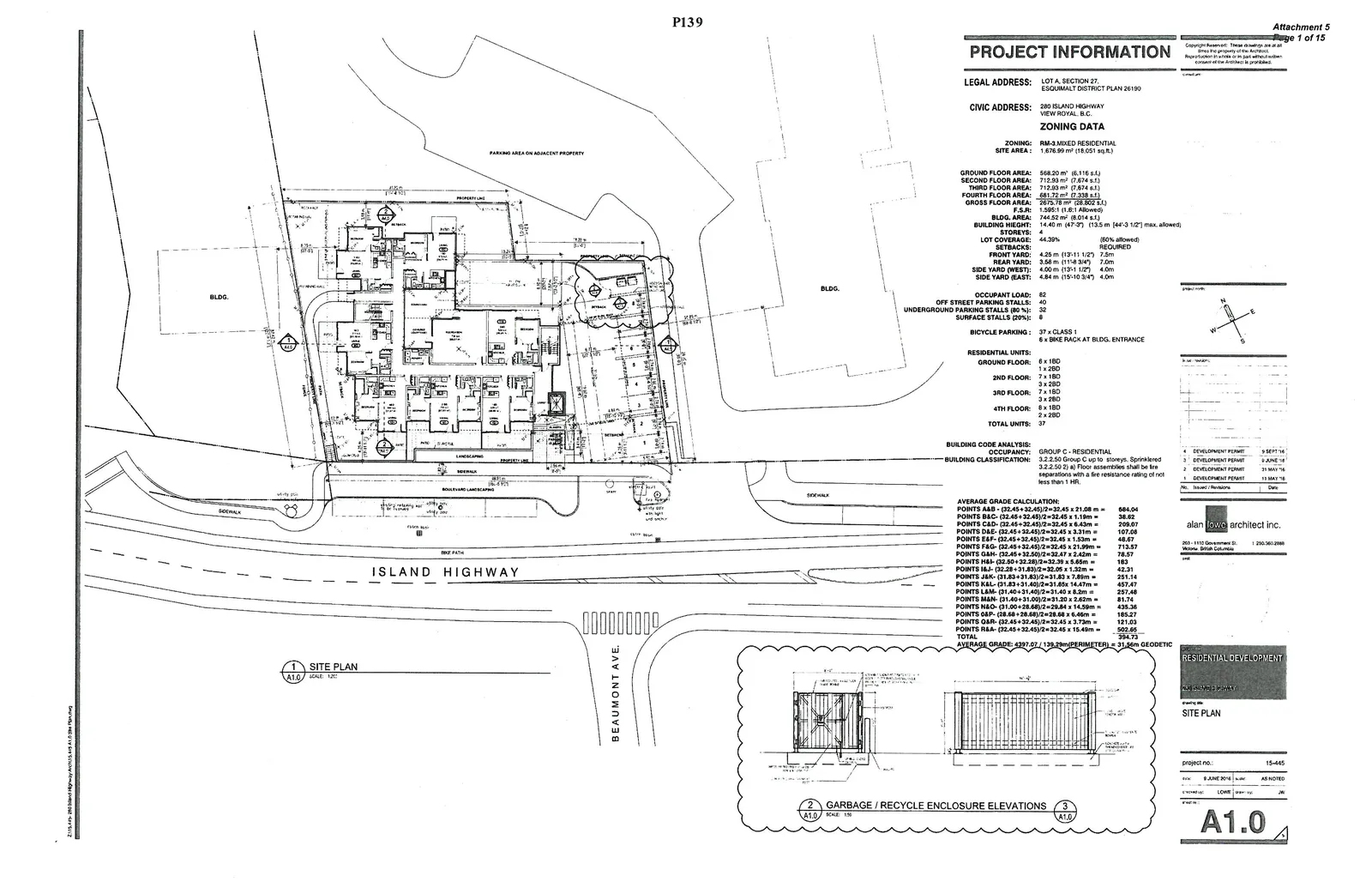 Site Plan showing the proposed residential building at 280 Island Highway, including building footprint, setbacks, landscaping, and adjacent properties.