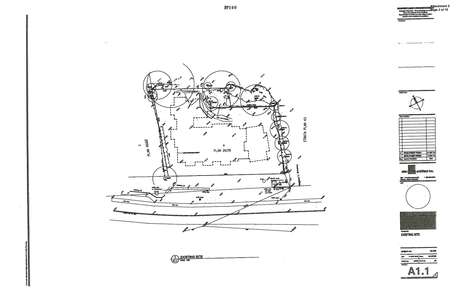 Existing site map of Lot A, Plan 26190, showing current topography, existing trees, and location relative to Island Highway and Beaumont Ave.