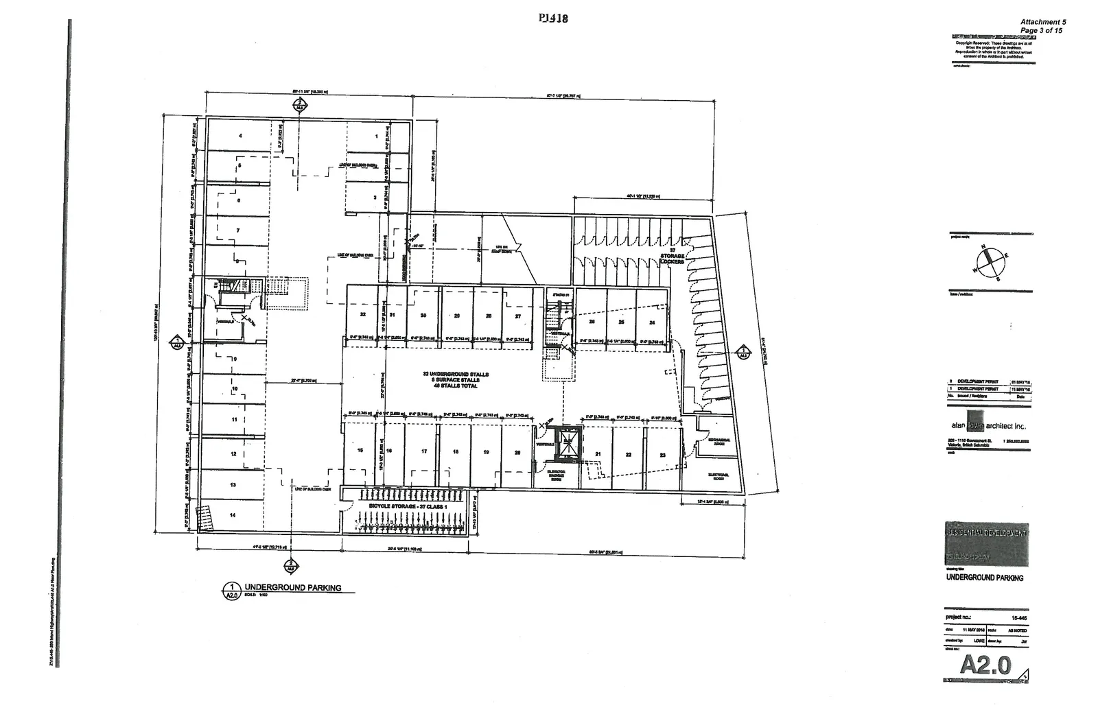 Floor plan for the underground parking level showing 32 underground stalls, 8 surface stalls for a total of 40 stalls, Class 1 bicycle storage lockers, and storage units.