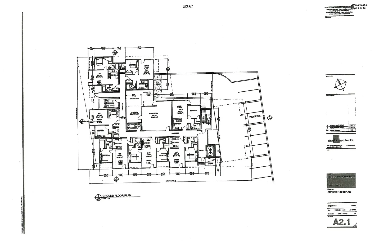 Floor plan of the ground level containing residential units 101-107, a covered courtyard, recreation room, laundry room, and main lobby area.
