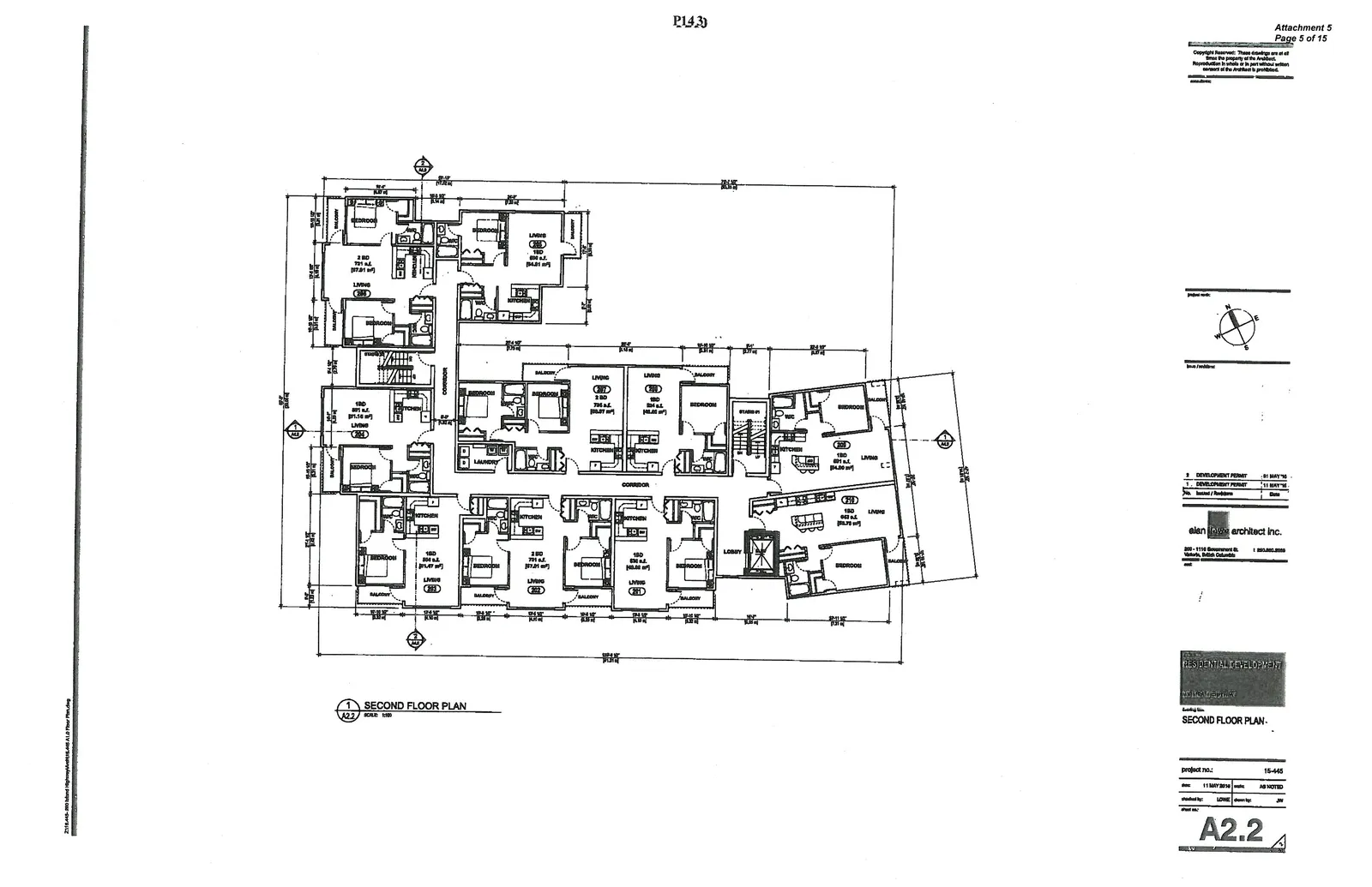 Floor plan of the second floor containing residential units 201 through 210 with balconies and a central corridor.