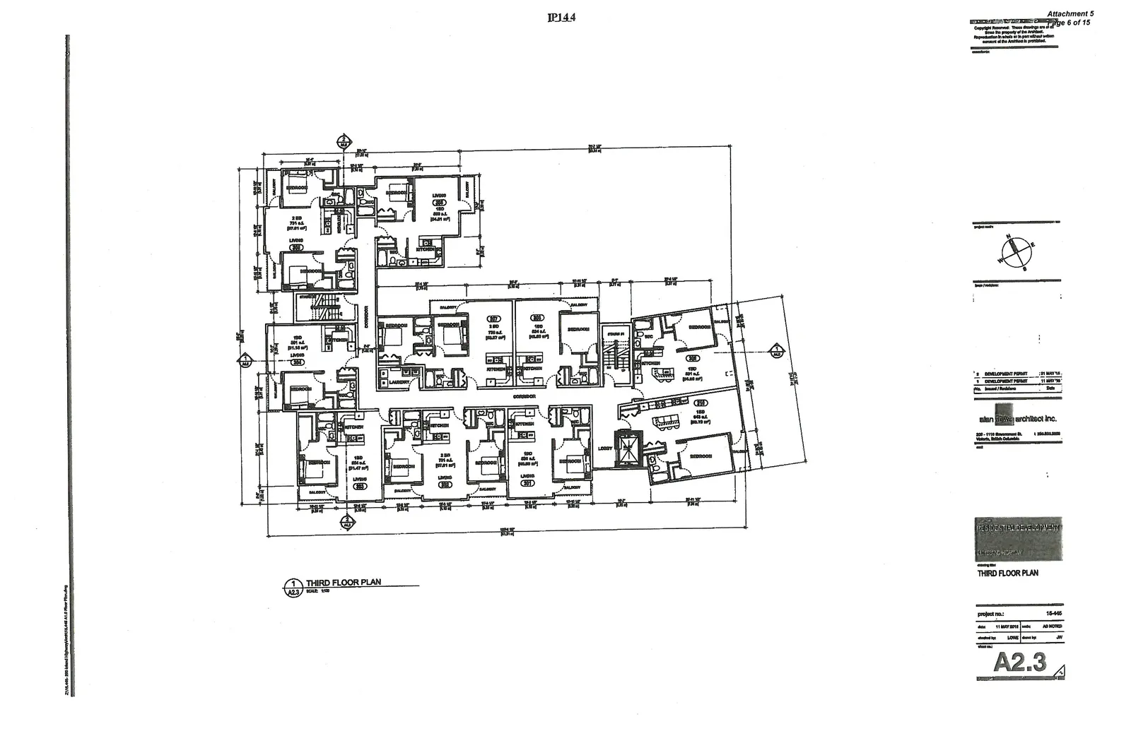 Floor plan of the third floor containing residential units 301 through 310 with balconies.