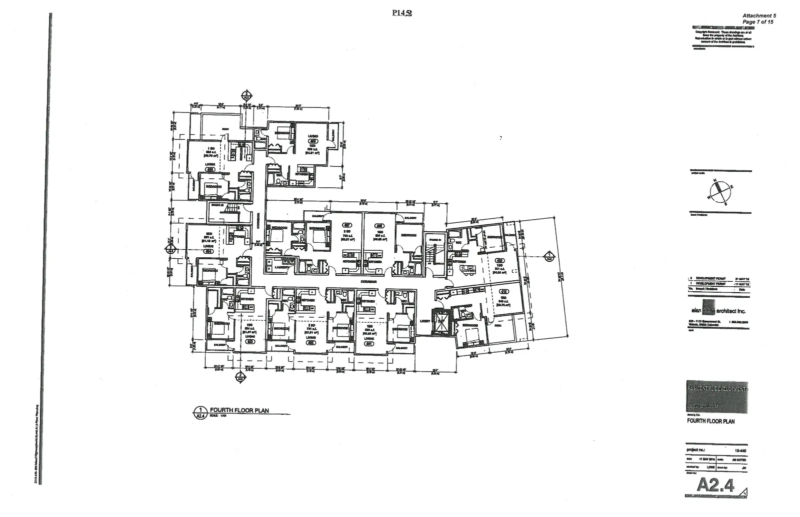 Floor plan of the fourth floor containing residential units 401 through 410.
