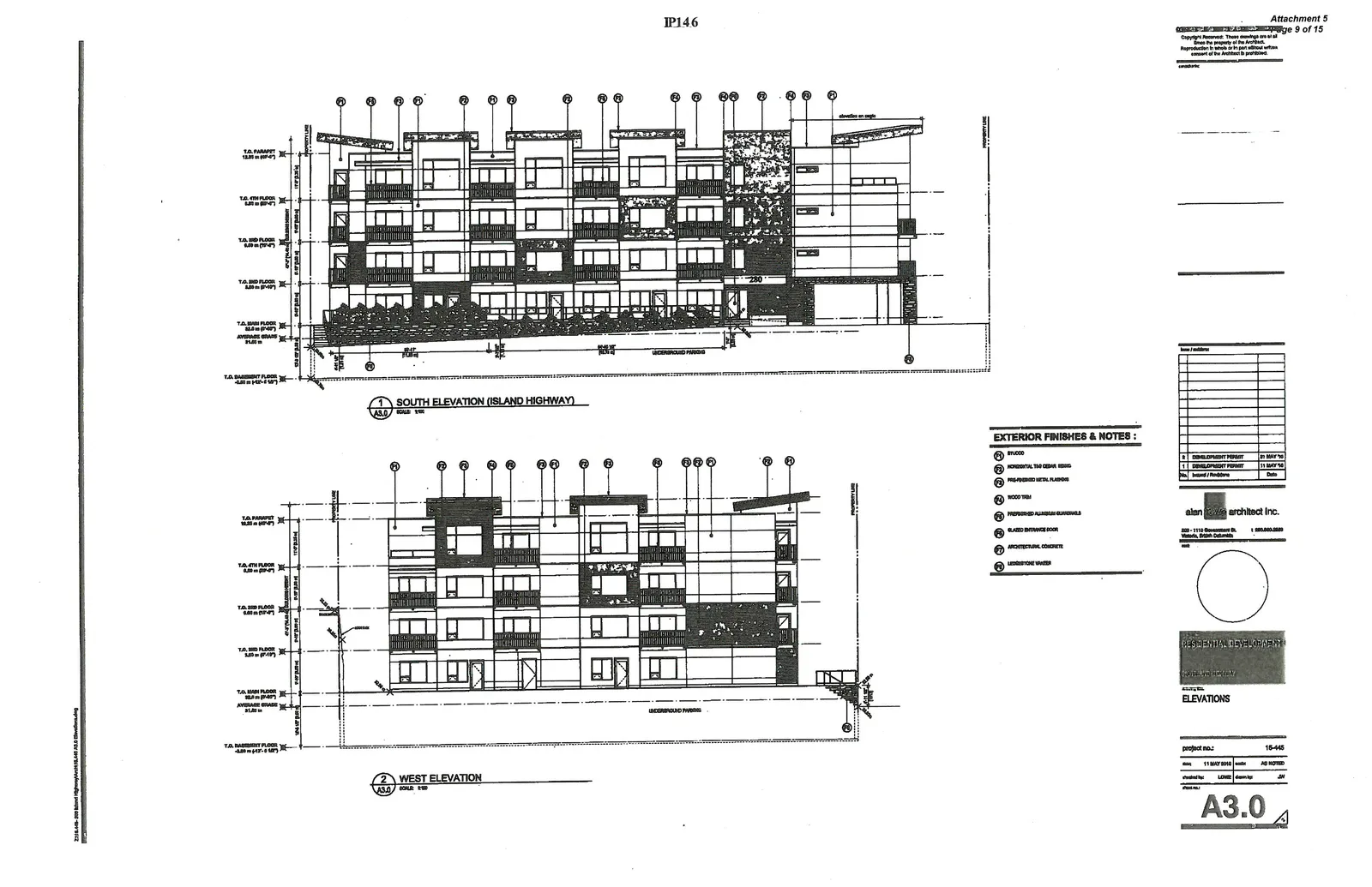 South Elevation (Island Highway) depicting the front façade of the building with balconies, exterior finishes, and underground parking access.