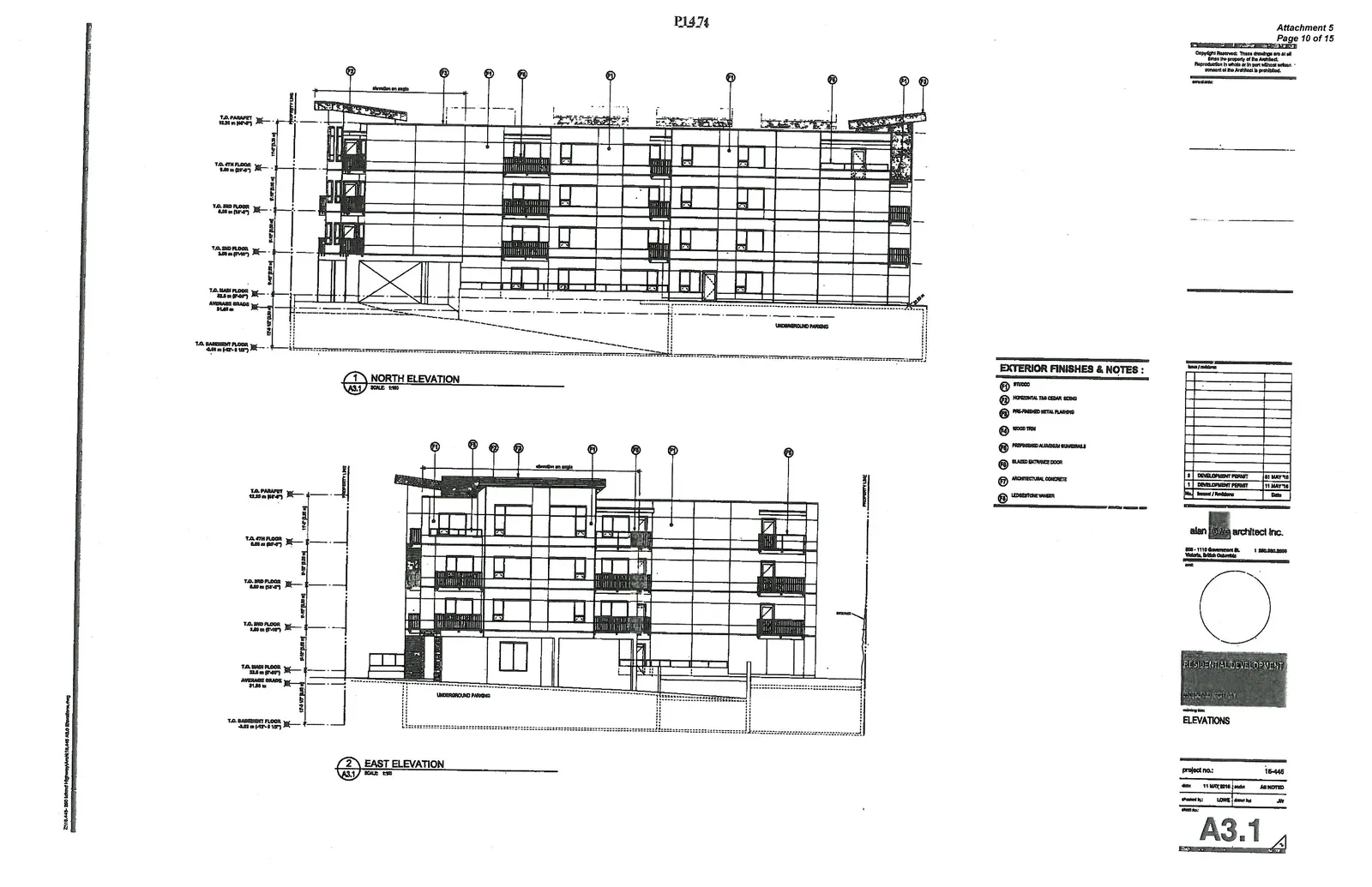 North Elevation showing the rear façade of the building with balconies and underground parking levels.