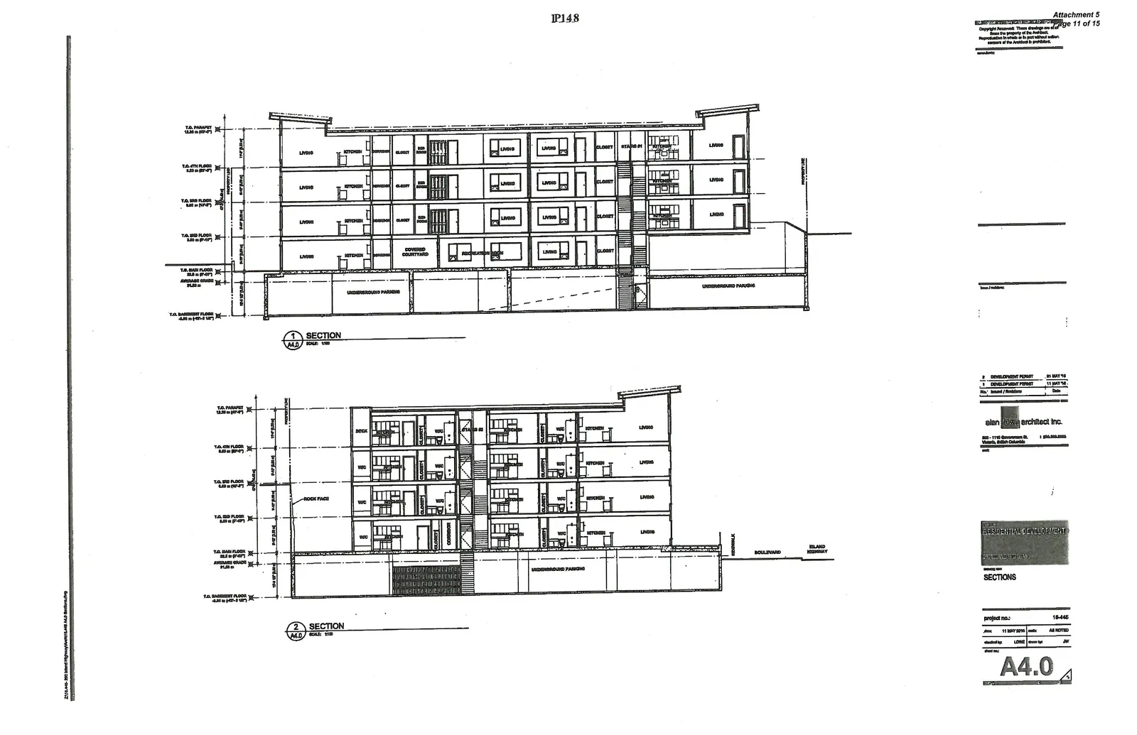 Section 1 through the building showing vertical arrangements of units, courtyard, and underground parking.