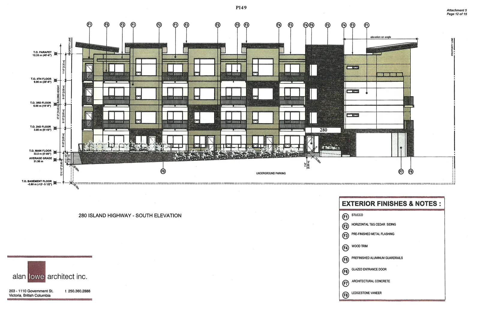 Colored architectural rendering of the South Elevation detailing material applications and landscaping along Island Highway.