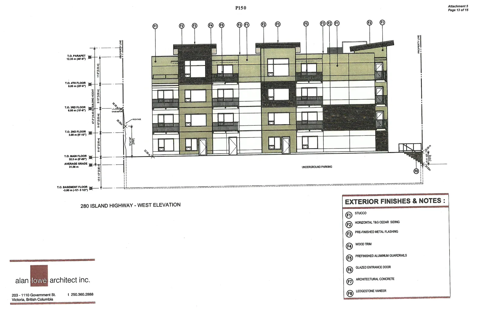 Colored architectural rendering of the West Elevation showing material finishes and site topography.