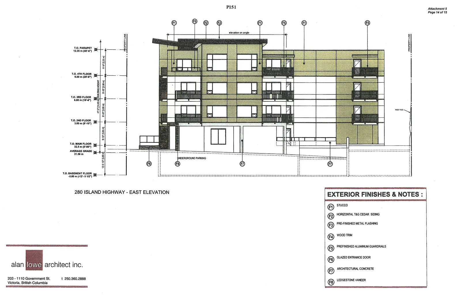 Colored architectural rendering of the East Elevation showing the distribution of wood siding and other finishes.