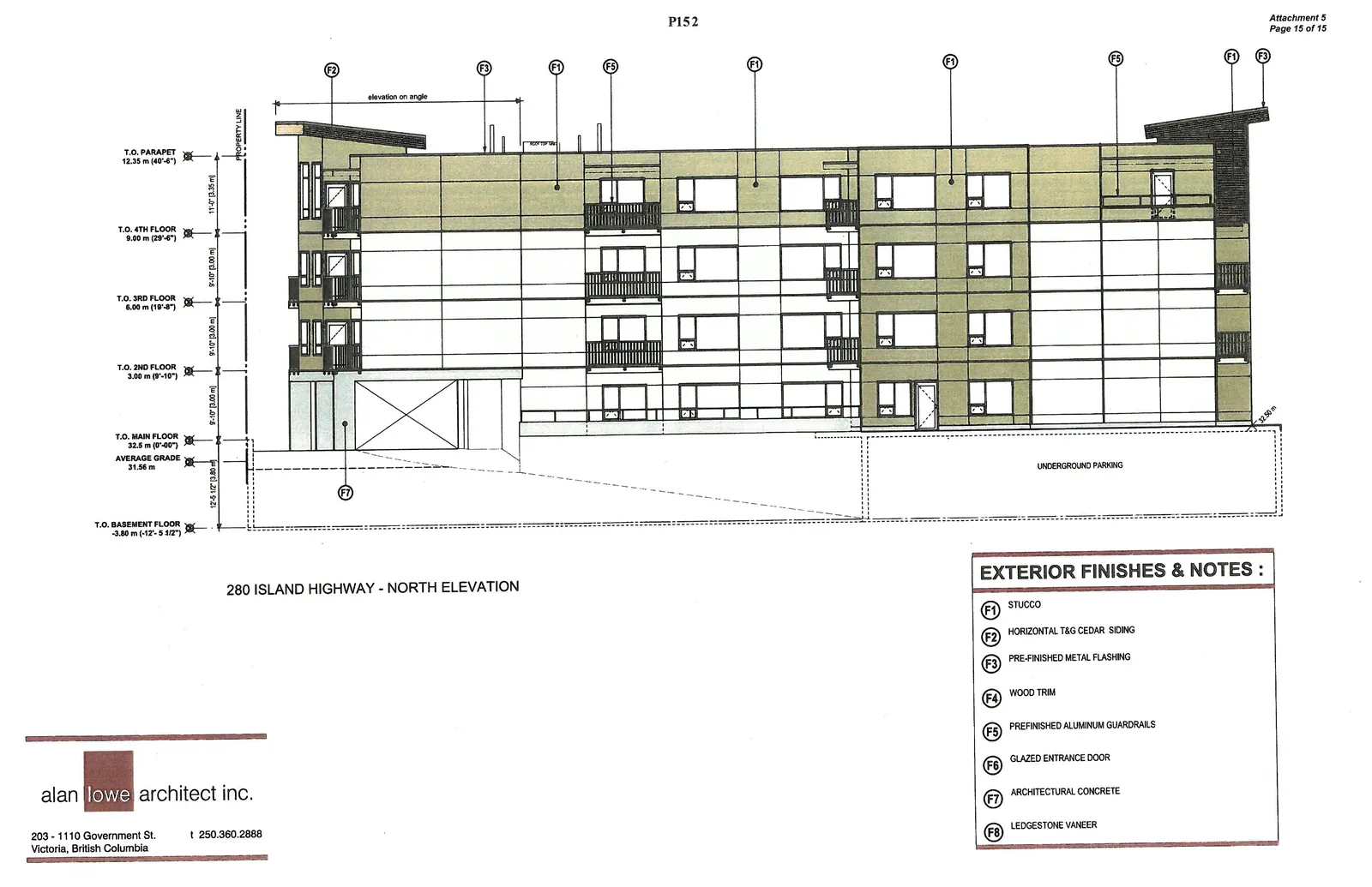 Colored architectural rendering of the North Elevation showing the rear façade and underground parking entrance.