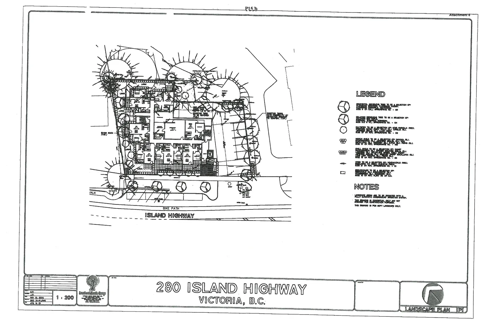 Landscape plan for 280 Island Highway, Victoria, B.C., showing building layout, plantings, bike path, and Island Highway frontage.