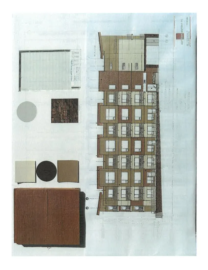Architectural elevation rendering and material board for 280 Island Highway