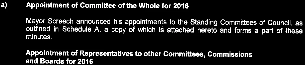 Text regarding the appointment of the Committee of the Whole and representatives for 2016