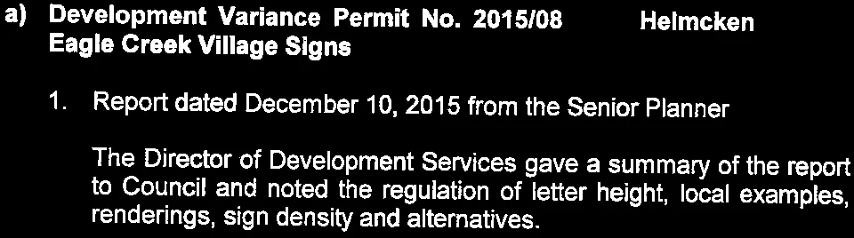 snippet of report heading for Development Variance Permit No. 2015/08 and summary