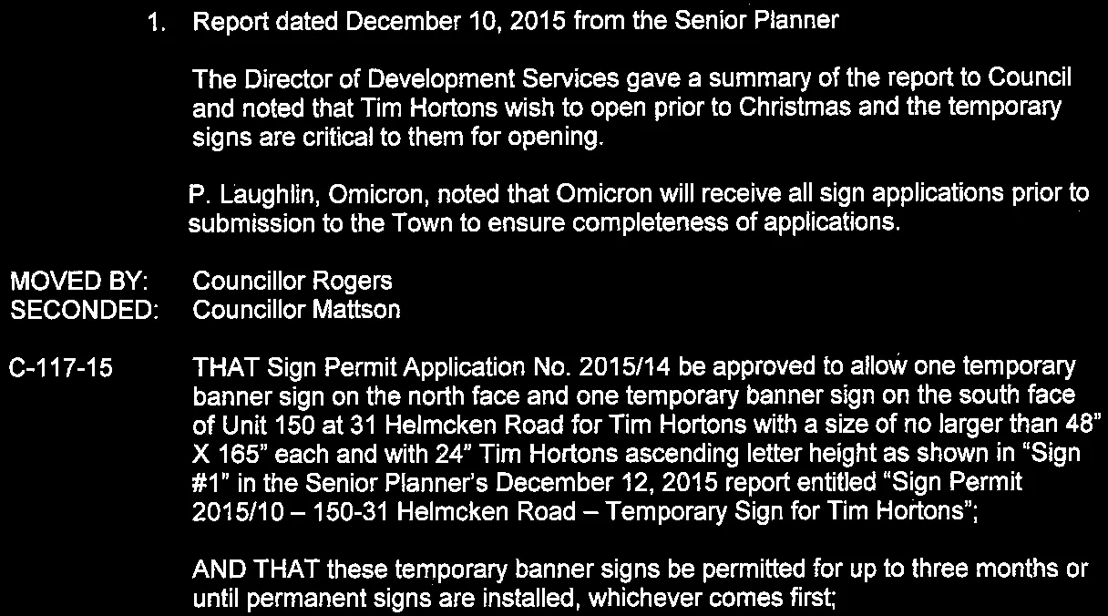 snippet of report summary and resolution C-117-15 for Tim Hortons signs