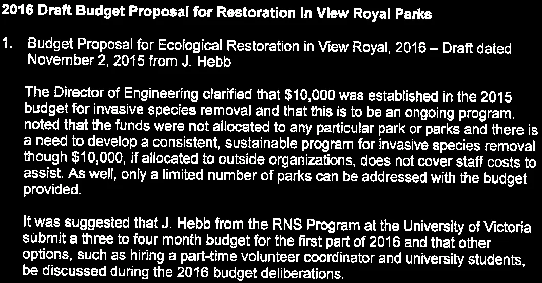 snippet of budget proposal for ecological restoration in View Royal