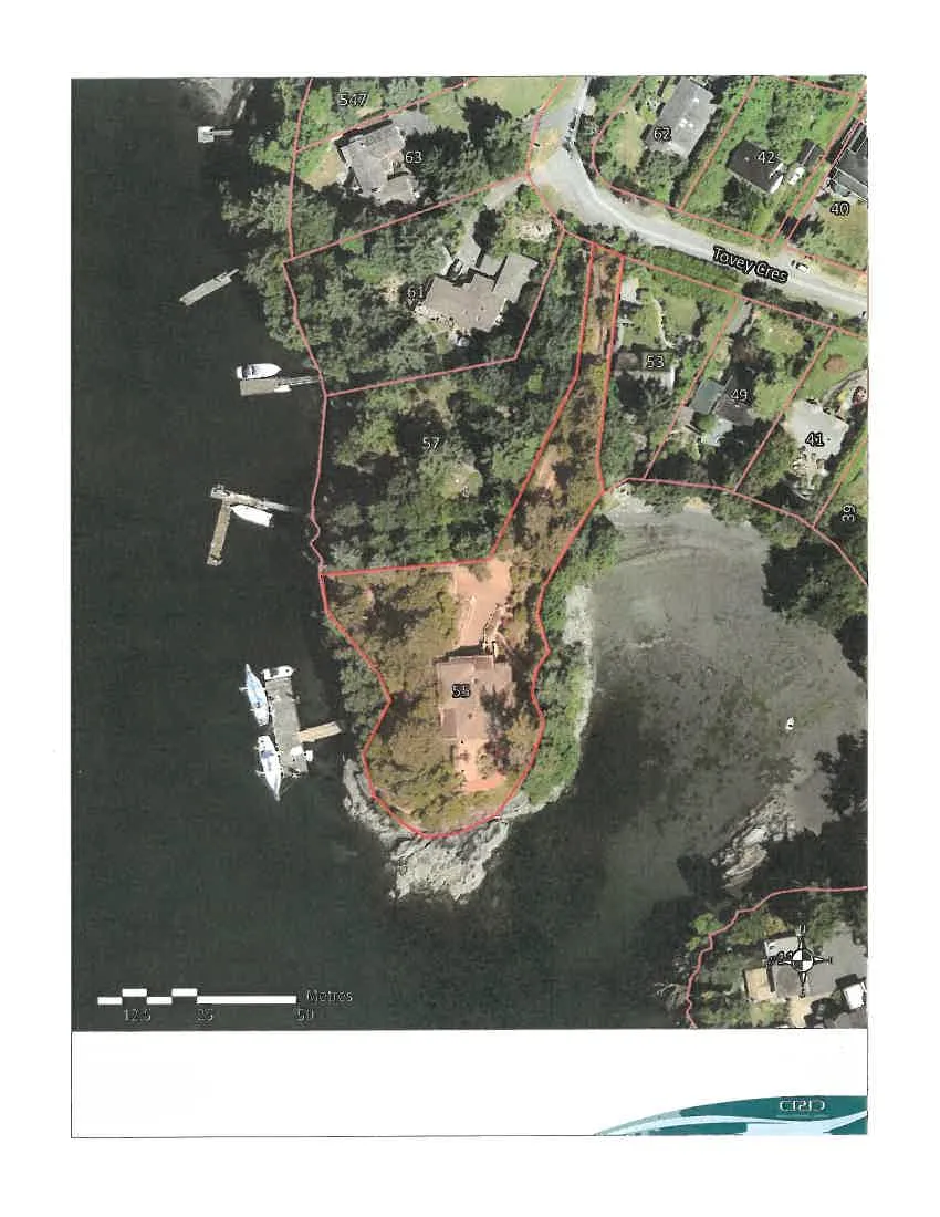 Aerial orthophoto map showing the subject property at 55 Tovey Crescent outlined in red, along with surrounding lots and property numbers on Tovey Cres.