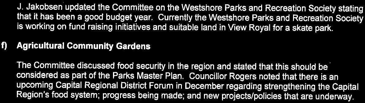 Updates on Westshore Parks and Recreation Society and Agricultural Community Gardens