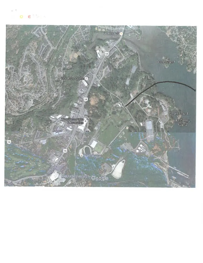 A Google Maps satellite view of an area featuring the View Royal Casino and West Shore Parks & Recreation. Highway 1A is shown running through the area. To the east are Cole Island, Smart Island, and McCarthy Island. A black line is drawn on the map starting from a point on the mainland and extending into the water towards the islands.