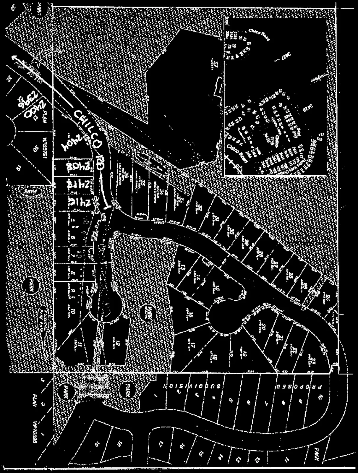 Black and white base map showing parcel boundaries, road names, and lot numbers