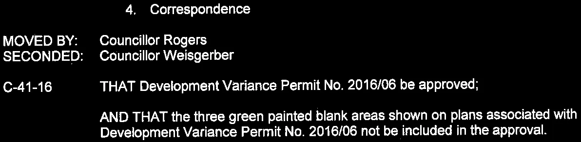 Approval text for Development Variance Permit No. 2016/06