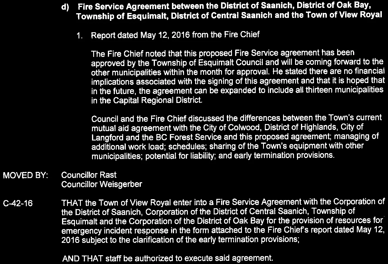 Staff report and recommendation for a multi-municipal Fire Service Agreement